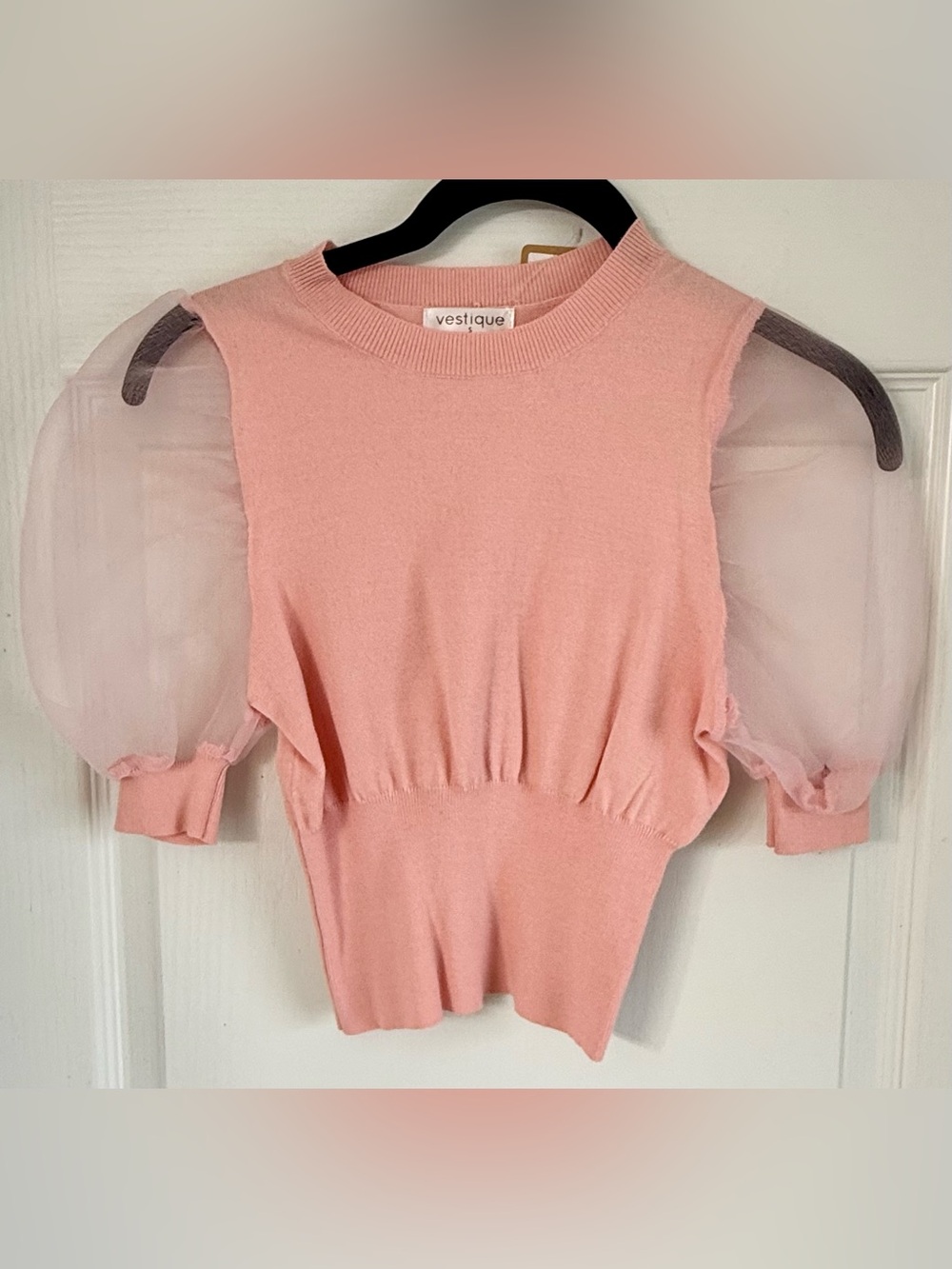 Vestique Blush Pink Puff-Sleeve Sheer Knit Top